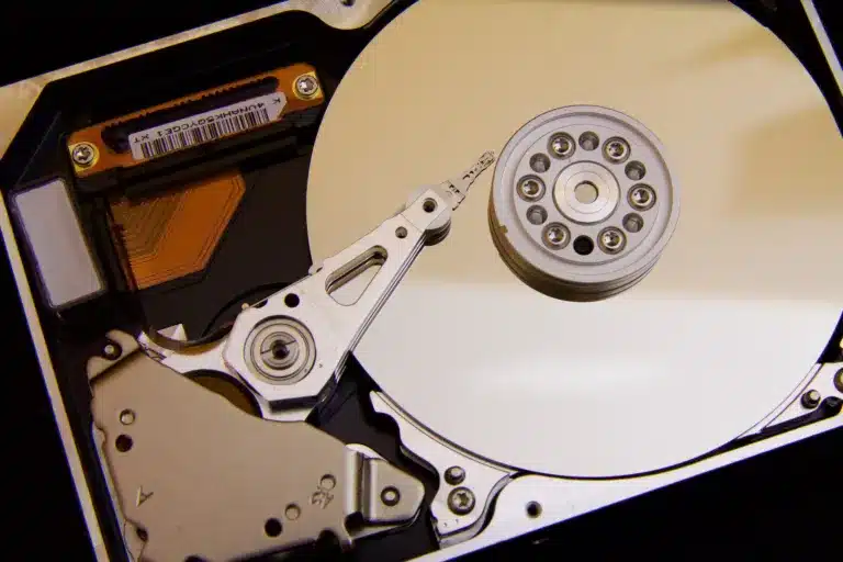 Internals of a silver hard drive with disk copy
